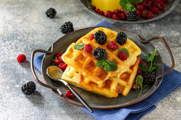 Letni deser albo śniadanie. Domowej roboty belgijskie gofry z berri — Zdjęcie stockowe