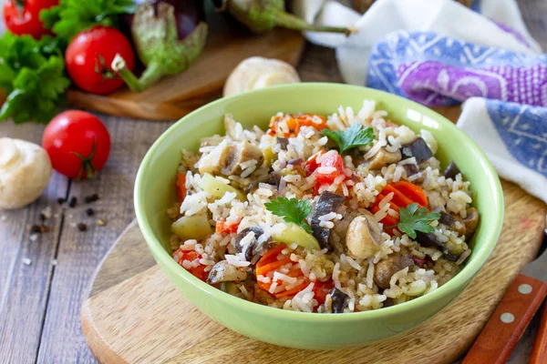 Vegetarian menu, healthy diet food. Rice with vegetables, mushro