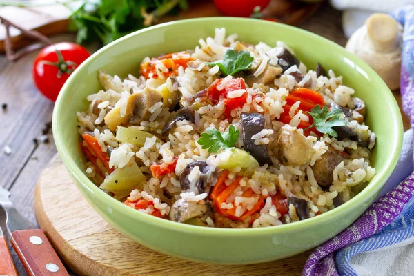 Vegetarian menu, healthy diet food. Rice with vegetables, mushro