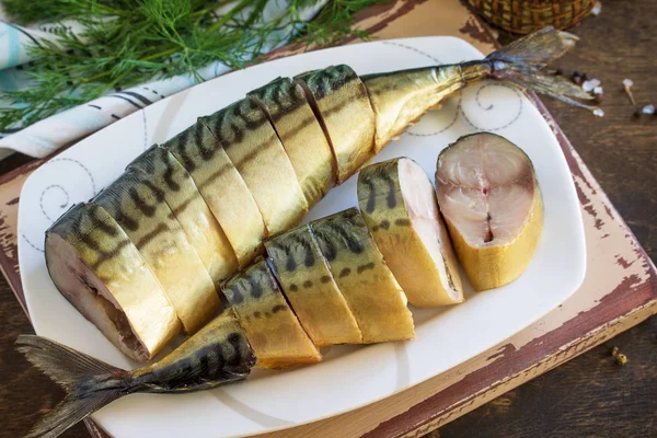 Mediterranean food, seafood. Tasty Appetizing smoked mackerel wi — 스톡 사진