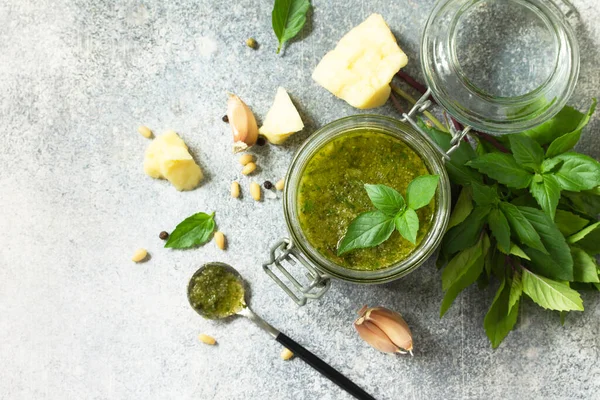 Healthy Italian Cuisine Green Pesto Sauce Isolated Stone Countertop Made — Stock Photo, Image