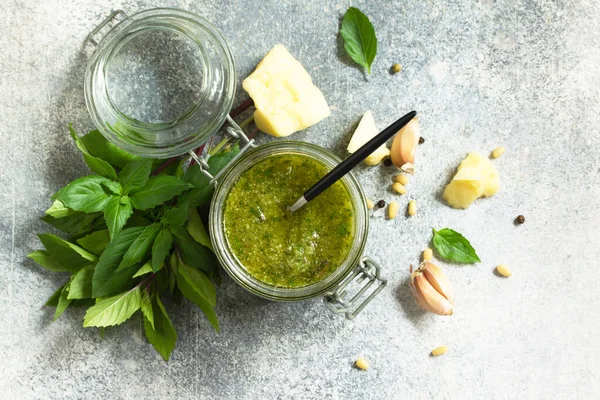 Healthy Italian Cuisine Green Pesto Sauce Isolated Stone Countertop Made — Stock Photo, Image