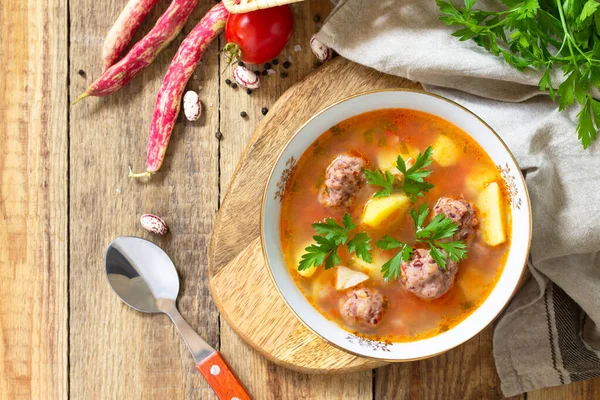 Концепция Здорового Диетического Питания Вегетарианское Блюдо Вкусный Овощной Суп Шариками — стоковое фото