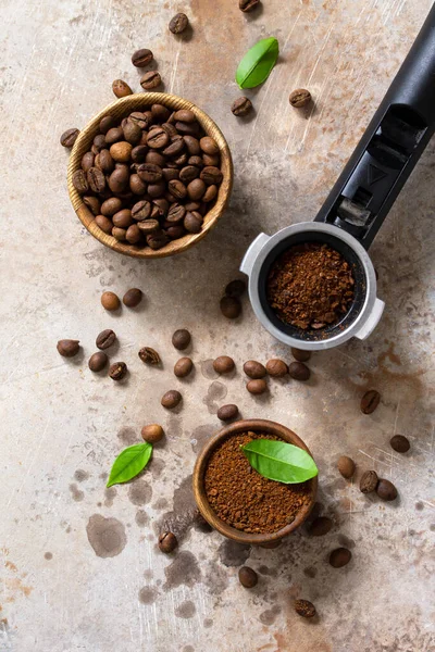 Ingredientes Para Una Máquina Café Granos Café Polvo Molido Una — Foto de Stock