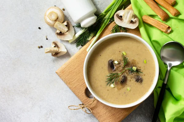 Vegan and diet healthy food. Mushroom soup puree with cream, champignons and vegetables. Top view flat lay. — Stock Image Vegan Diet Healthy Food Mushroom Soup Puree Cream Champignons Vegetables Royalty Free Stock Images
