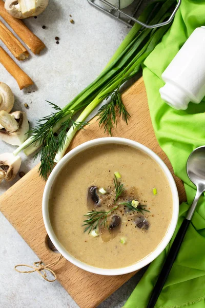 Vegan and diet healthy food. Mushroom soup puree with cream, champignons and vegetables. Top view flat lay. — Stock Image Vegan Diet Healthy Food Mushroom Soup Puree Cream Champignons Vegetables Stock Picture