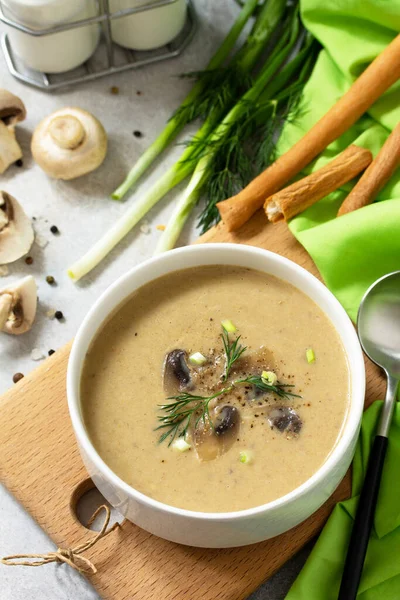 Vegan and diet healthy food. Mushroom soup puree with cream, champignons and vegetables. — Stock Image Vegan Diet Healthy Food Mushroom Soup Puree Cream Champignons Vegetables Royalty Free Stock Photos