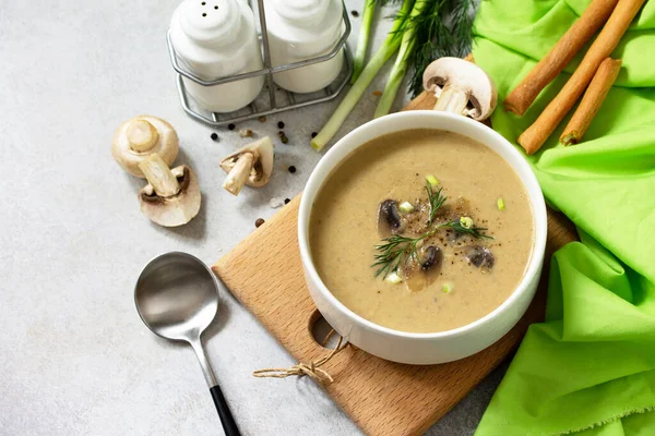Vegan and diet healthy food. Mushroom soup puree with cream, champignons and vegetables. Copy space. — Stock Image Vegan Diet Healthy Food Mushroom Soup Puree Cream Champignons Vegetables Royalty Free Stock Photos