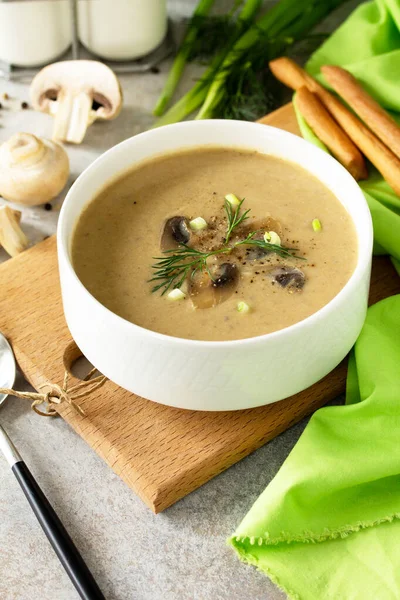 Vegan and diet healthy food. Mushroom soup puree with cream, champignons and vegetables. — Stock Image Vegan Diet Healthy Food Mushroom Soup Puree Cream Champignons Vegetables Royalty Free Stock Images