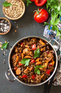 Hint yemeği, otantik Hint yemeği. Geleneksel Hint baharatlı yeşil mercimek et, baharat ve taş bir masanın üzerinde bitkiler. Üst görünüm düz arkaplan.