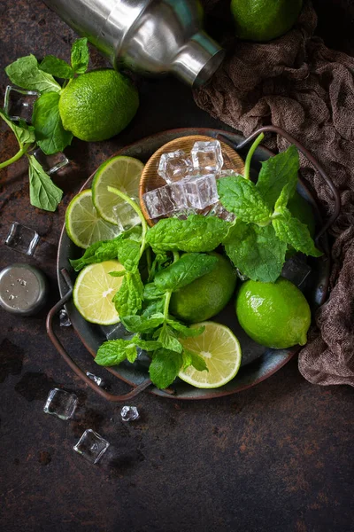 Refrescante Coctelería Mojito Menta Lima Ingredientes Hielo Utensilios Bar Sobre — Foto de Stock