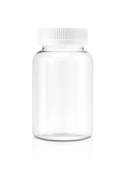 Blank clear glass supplement bottle isolated on white background — Stock Photo, Image