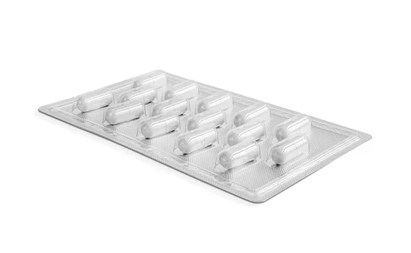 Blister de papel de aluminio para cápsula de medicamento aislada sobre fondo blanco —  Fotos de Stock