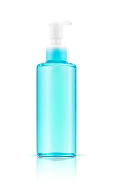Botella de bomba cosmética azul transparente embalaje en blanco aislado sobre fondo blanco —  Fotos de Stock