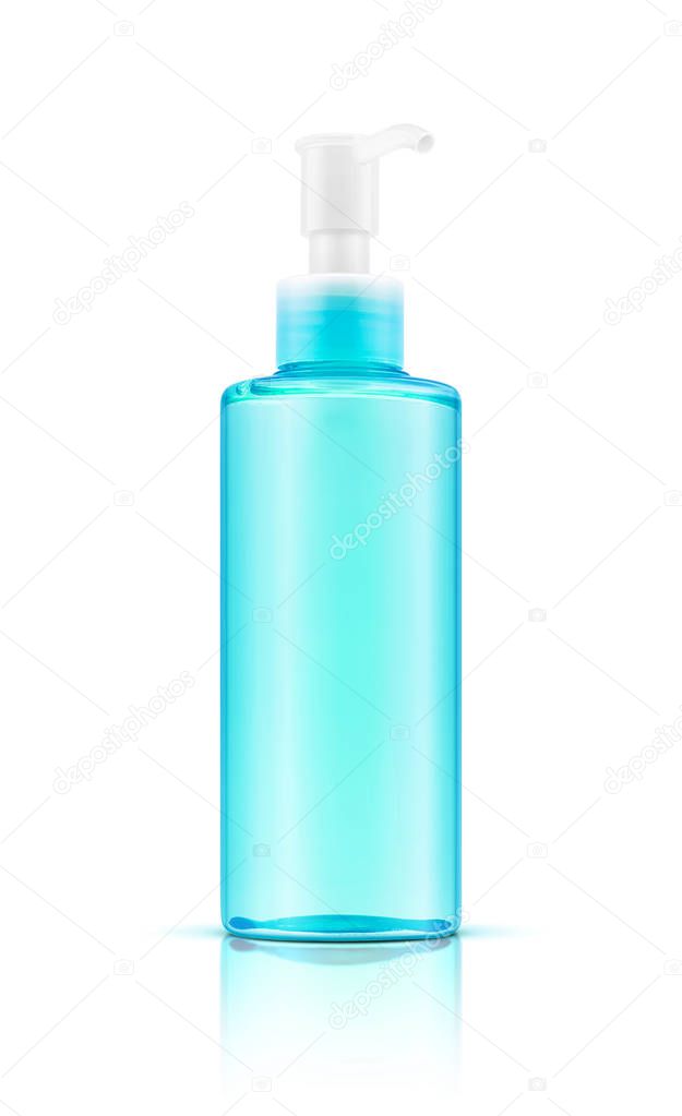blank packaging transparent blue cosmetic pump bottle isolated on white background