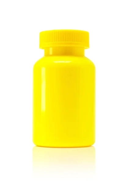 Frasco de plástico amarelo de embalagem em branco para produto de suplemento isolado em fundo branco — Fotografia de Stock