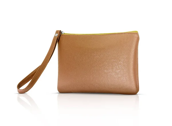 Leere braune Lederhandtasche mit Premium-Griff auf weißem Hintergrund — Stockfoto