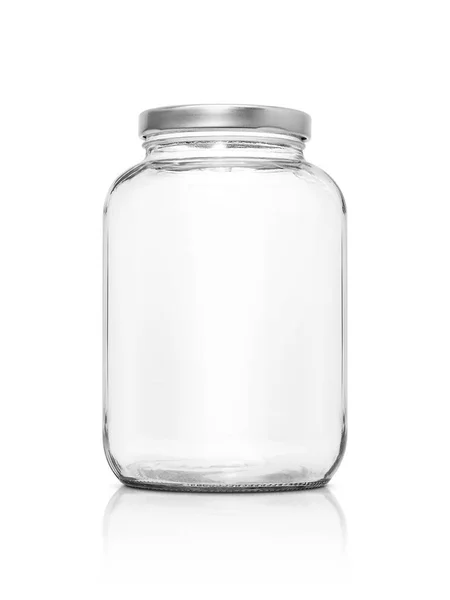Botella de vidrio transparente con tapa de plata aislada sobre fondo blanco — Foto de Stock