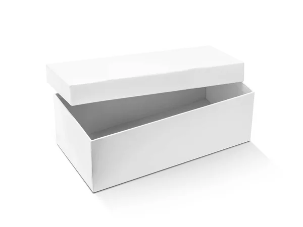 Відкрита біла ламінована картонна коробка ізольована на білому фоні — стокове фото