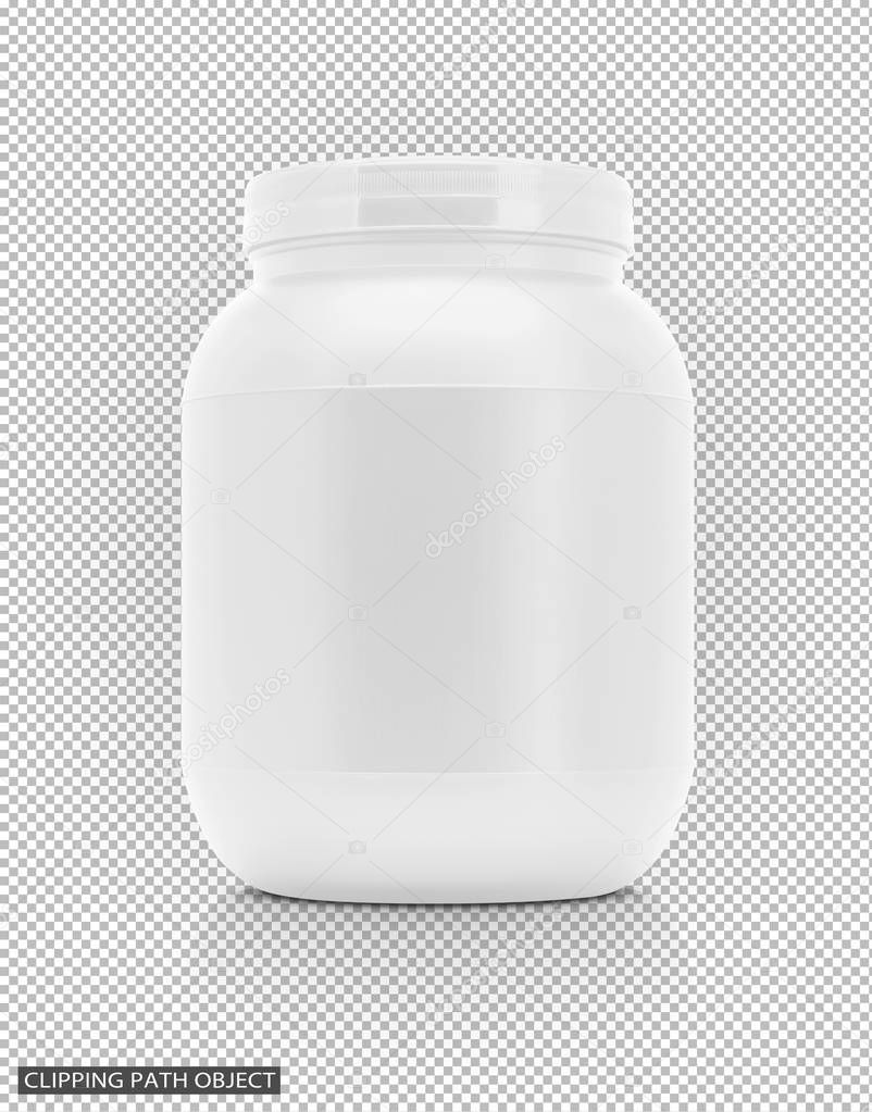 blank packaging supplement product white plastic bottle isolated on virtual transparency grid background