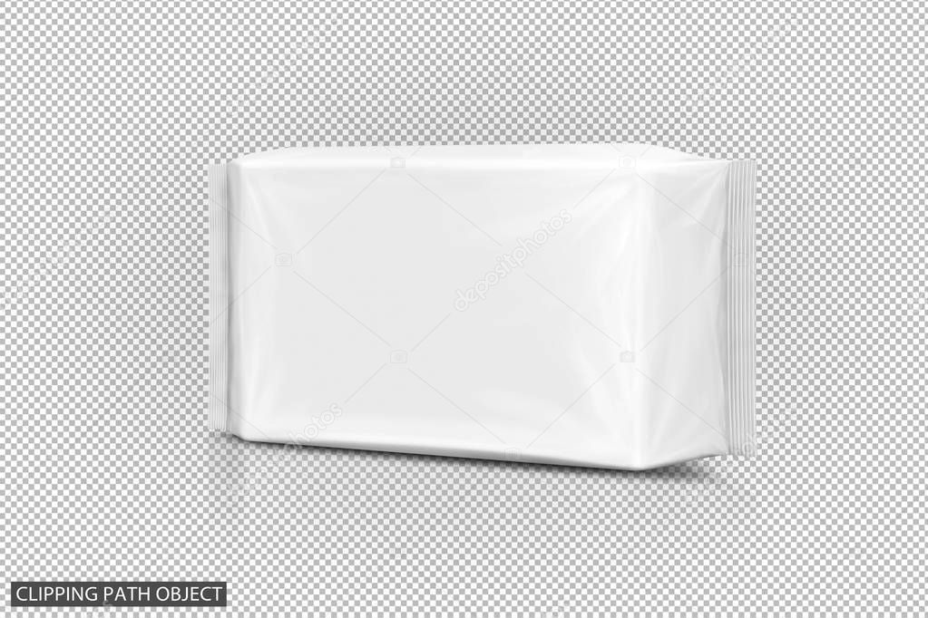 blank packaging paper wet wipes pouch isolated on virtual  transparency grid background