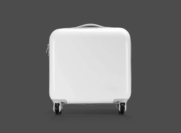 White plastic suitcase or luggage isolated on gray background — Stock Photo, Image