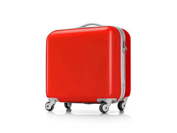 Красный пластиковый чемодан или багаж для путешественника изолированы на белом фоне
