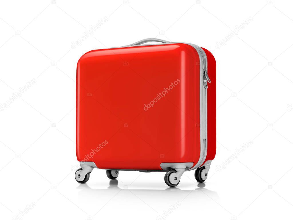Red plastic suitcase or luggage for traveler isolated on white background