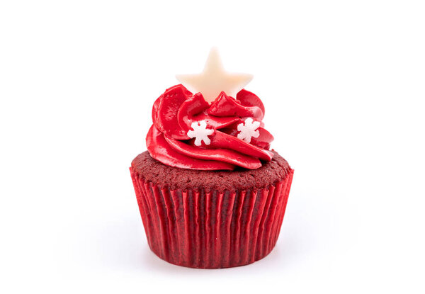red christmas cupcake isolated on white background