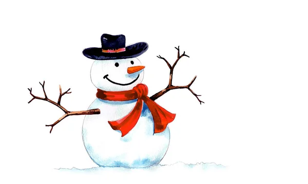 Sneeuwman met zwarte hoed en rode sjaal gemaakt met de hand tekenen en aquarelleren — Stockfoto