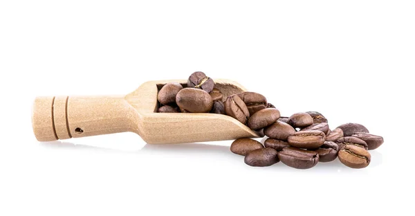 Fresh coffee beans in wooden spoon isolated on white background — Stock Photo, Image