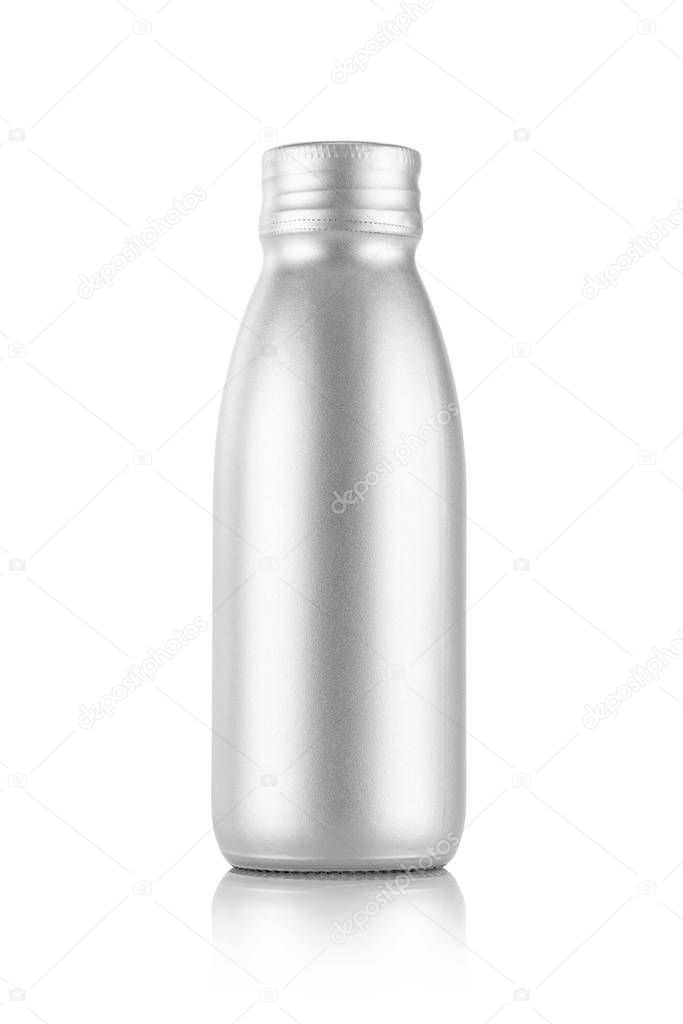 Metalic silver bottle for beverage product design mock-up isolated on white background