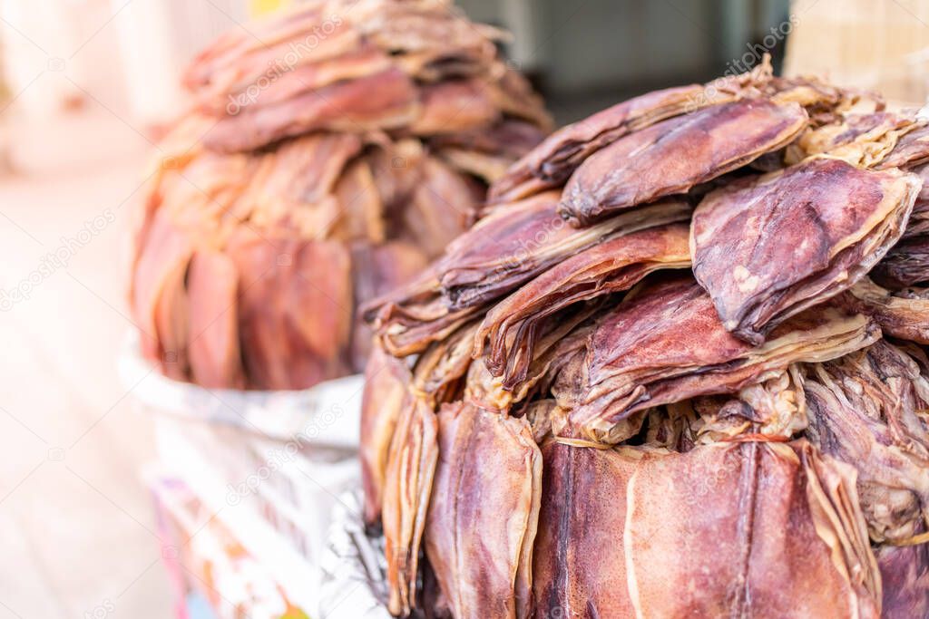 Dried squids delicious thai seafood on fresh market shelf
