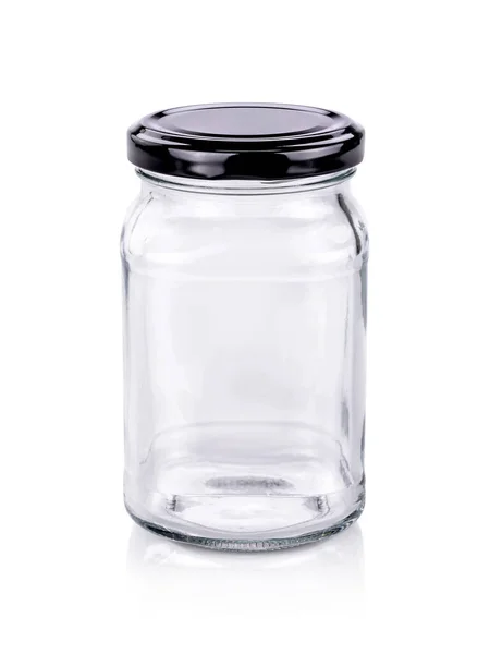 Botella Vidrio Transparente Embalaje Blanco Con Tapa Acero Inoxidable Negro —  Fotos de Stock