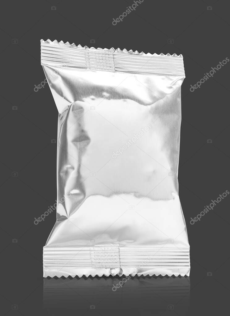 blank packaging aluminum foil snack pouch for product design mock-up isolated on gray background with clipping path