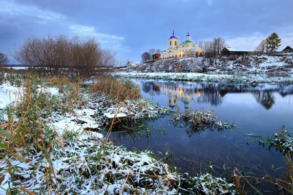 orthodox church, russian church, first snow in village, building