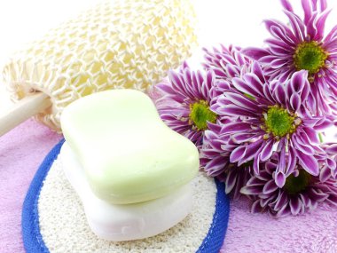 Beyaz banyo havlusu ve bodur sabun çubuğu