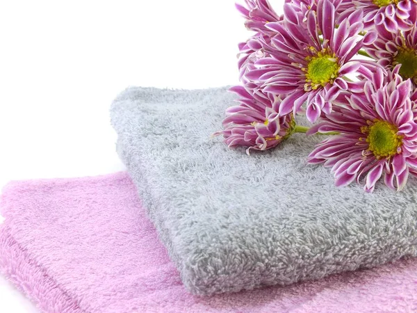 Towel and chrysanthemums pink flowers — Stock Photo, Image