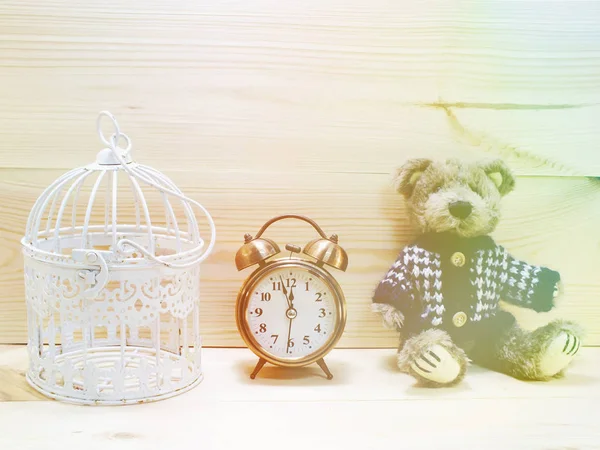 Flowers Alarm Clock Wooden Decorated Vintage Filter Color — Stock Photo, Image