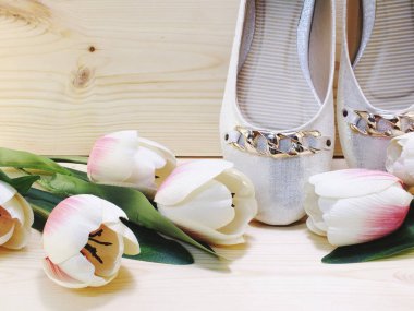 ahşap arka plan üzerinde düşük bir topuk üzerinde kadın ayakkabı