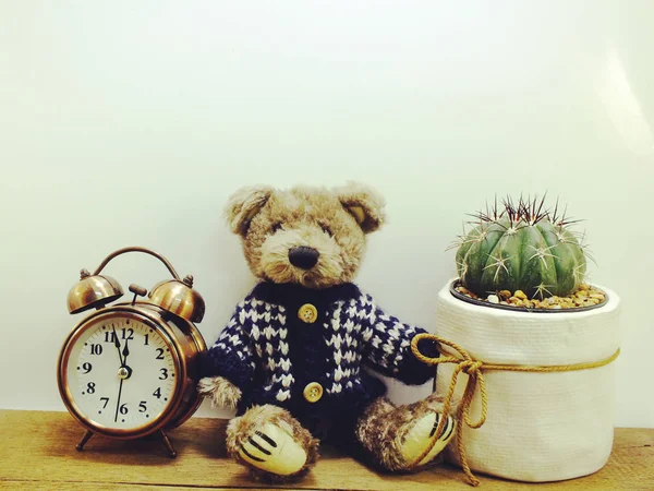 Brown teddy beer zittend op houten tafel met cactus in de kleine pot en ruimte kopiëren — Stockfoto