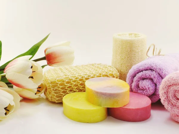 Cleansing spa accessories with Shampoo soap and shower cream bathroom products — Stock Photo, Image