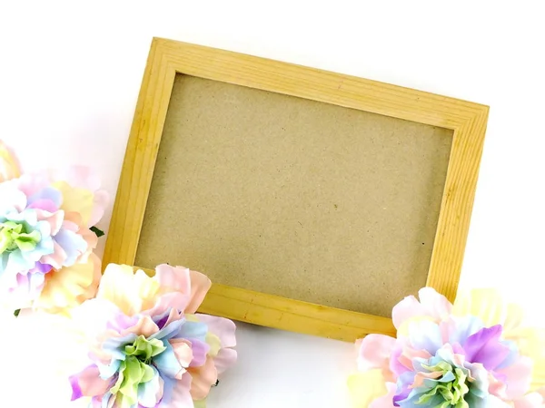 Wooden Picture Frame Wooden Background Flowers — Stock Photo, Image