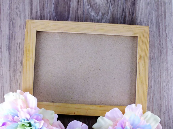 Wooden Picture Frame Wooden Background Flowers — Stock Photo, Image