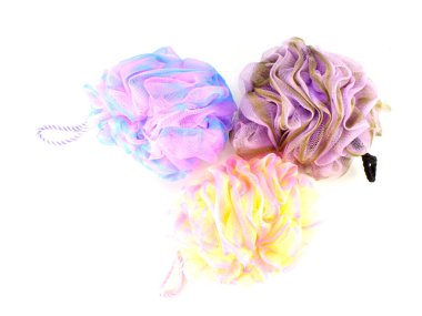 yumuşak banyo puf kopya alanı ile beyaz arka plan üzerinde izole duş için