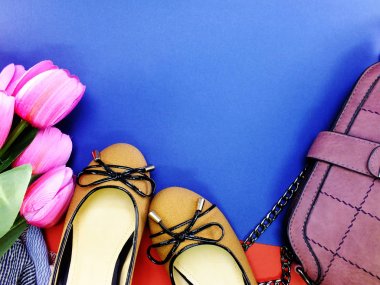 Bale düz Bayan Ayakkabı ve mor çanta sarı ve mavi arka plan üzerinde