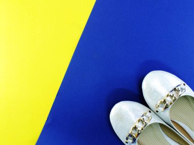 Sarı ve mavi zemin üzerine beyaz bale düz Bayan ayakkabıları