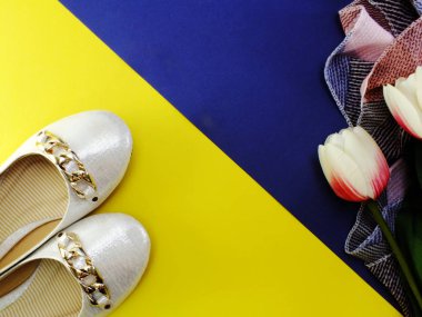 Sarı ve mavi zemin üzerine beyaz bale düz Bayan ayakkabıları