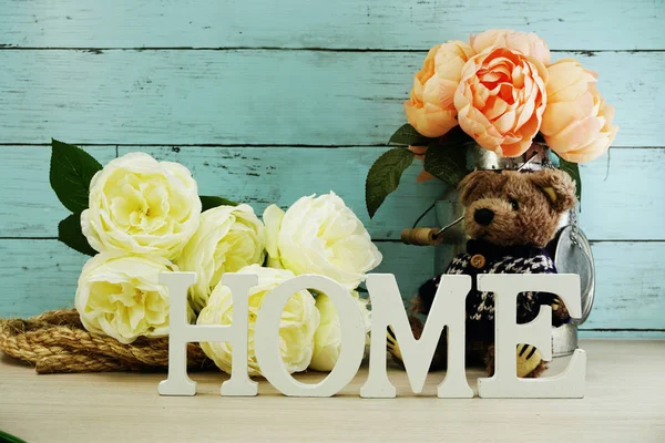 Decorative Letters Word Home Dried Flowers Wooden Background — Stock Photo, Image