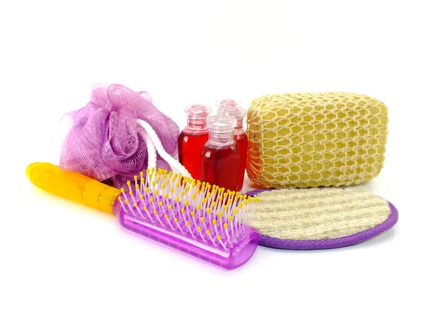 Plasstic Soft Puff Shower Gel Shower Accessories Wooden Background — Stock Photo, Image